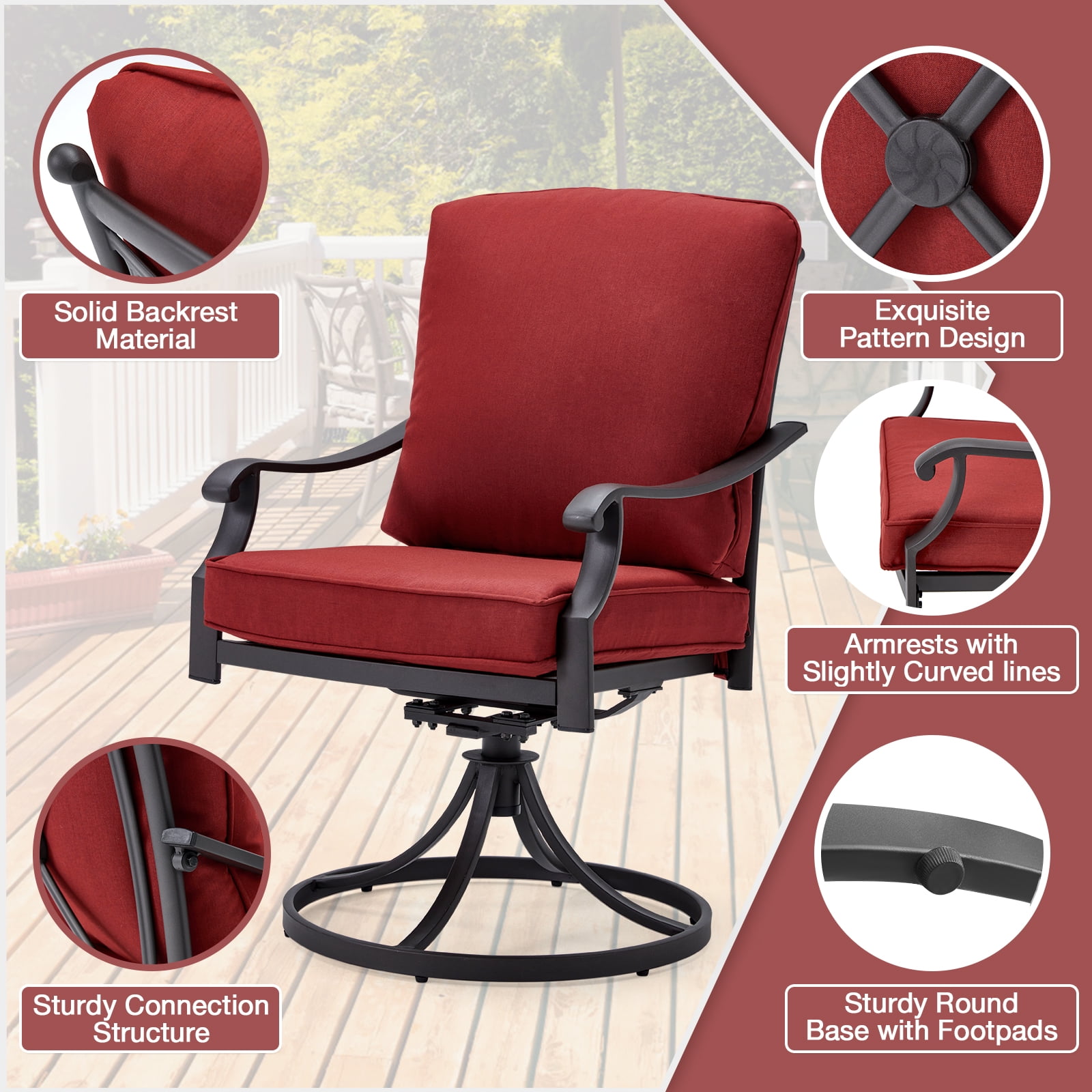 MELLCOM Patio Swivel Chair Set of 2, Heavy Duty Outdoor Dining Chairs with Thickened Cushions, Metal Patio Chairs Gentle Rocker for Outside, Garden Lawn & Porch, Backyard, Red