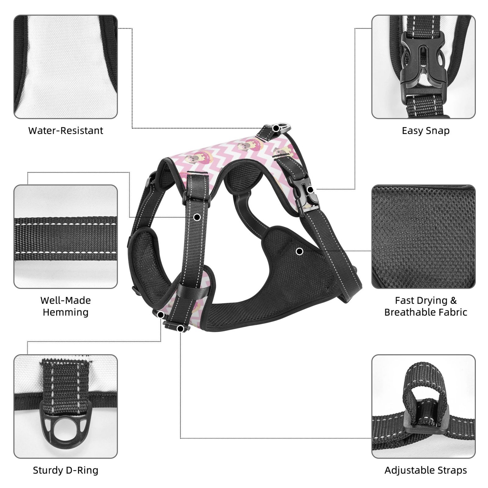 Naloa Pug And Donut Dog Harness, Pet Harness Vest with Traction Rope, Dog Vest for Outdoor, Walking - {sizeName}-Small