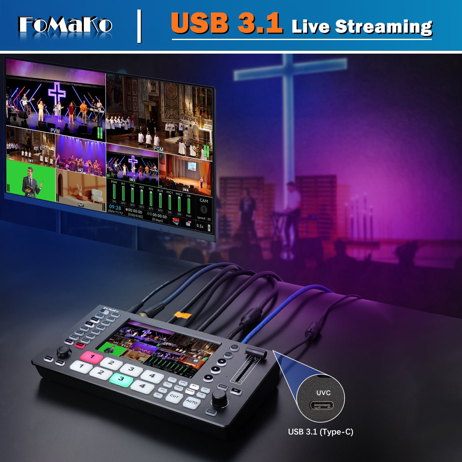 FoMaKo 4K SDI HDMI Video Mixer Switcher, 5.5 Inch FHD LCD Screen, 5-channel HDMI live Streaming Switcher, 4K 60FPS Input, 1080p 60FPS Output,Support PTZ Controller, SDI+HDMI Video Switcher,M4