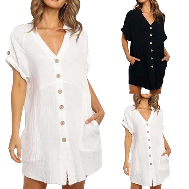 Gspmoly Robes d'Été pour Femmes, Robe Courte Décontractée à Manches Courtes en Lin pour Femmes, Robe de Cocktail, Vente de Liquidation