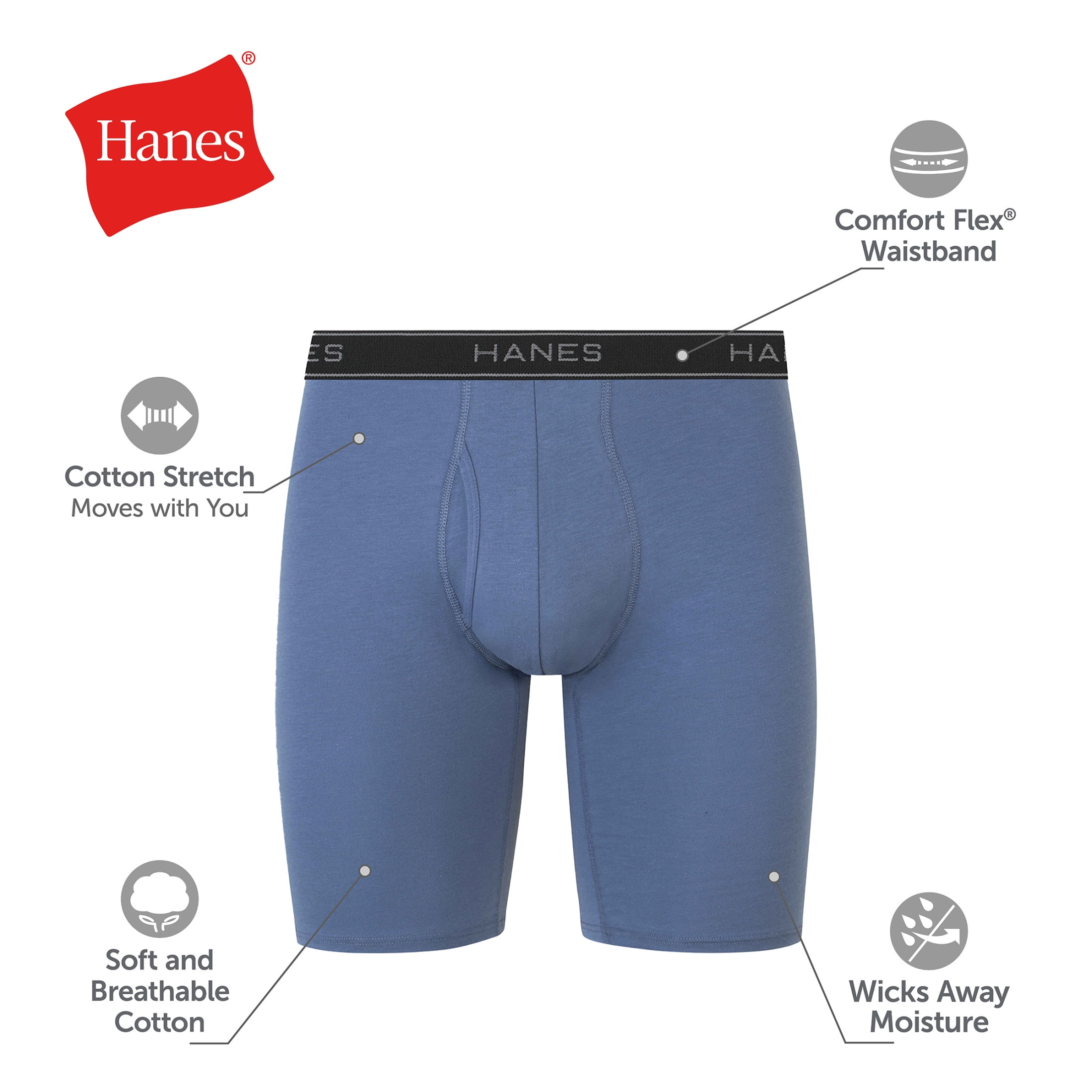 Hanes Mens Underwear Long Leg Boxer Briefs, 3-Pack, Cotton Stretch, Moisture Wicking
