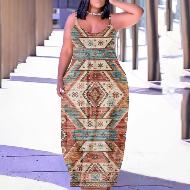 SMihono Robe Maxi Bohème d'Été pour Femmes Grande Taille Mode Féminine Col Rond Sans Manches Robe Imprimée de Plage
