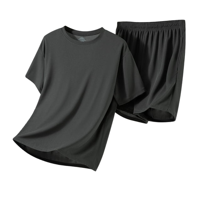 Floleo Mens Summer Solid Color Sleepwear Set Round Neck Short Sleeve Pajama Comfortable Lightweight Breathable Home Wear Loose Elastic Waist 2 Pockets(Dark Gray,3XL)