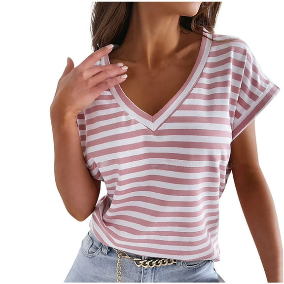 FAIWAD Womens Summer Striped T-shirt Short Sleeve V Neck Casual Tops Loose Going Out Tunic Tops