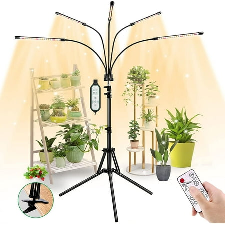 

Fyheart Grow Lights for Indoor Plants Full Spectrum Grow Light with Adjustable Stand and Timer 5 Light Tube 3 Light Modes 10 Dimmable Brightness 4/8/12 H Timer 360° Gooseneck Remote Control