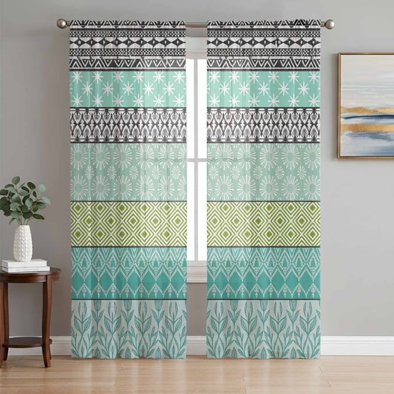 Teal Black Boho Semi Sheer Curtains 96 Inch Length 2 Panels Set, Vintage Ethnic Tribe Abstract Art Sheer Kitchen Curtain Privacy Voile Window Curtain for Living Room Bedroom Rod Pocket Drapes