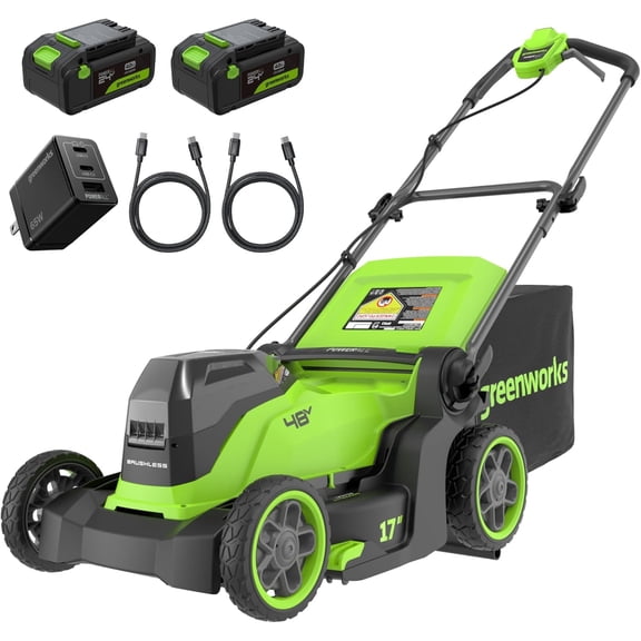 Greenworks 48V (24V x 2) 17" Brushless Cordless Push Lawn Mower, Includes (2) 4.0Ah Batteries and Dual Port Rapid Charger (200  Compatible Tools, 45-Min Runtime)