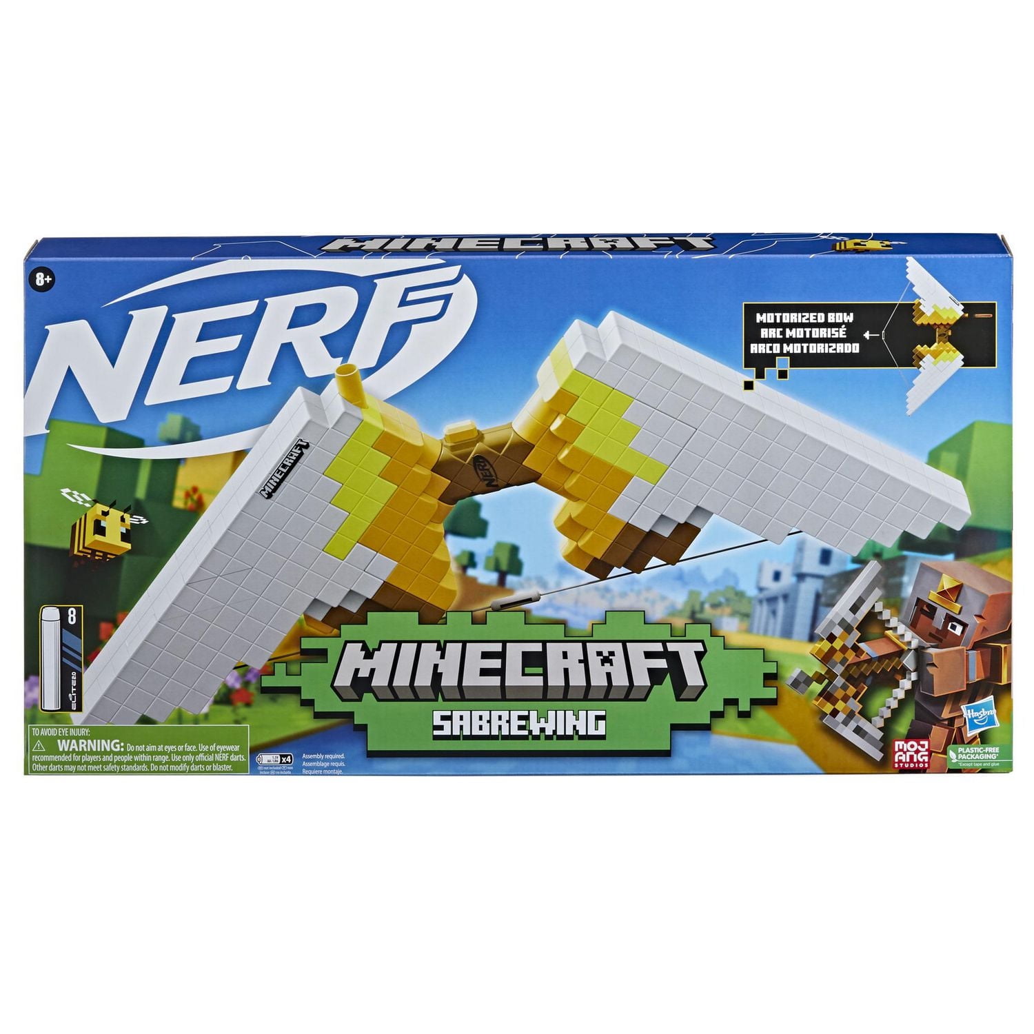 Nerf Minecraft Sabrewing Arc motorisé, tire des fléchettes, chargeur 8 fléchettes Nerf Elite, design inspiré de l'arc du jeu vidéo Minecraft