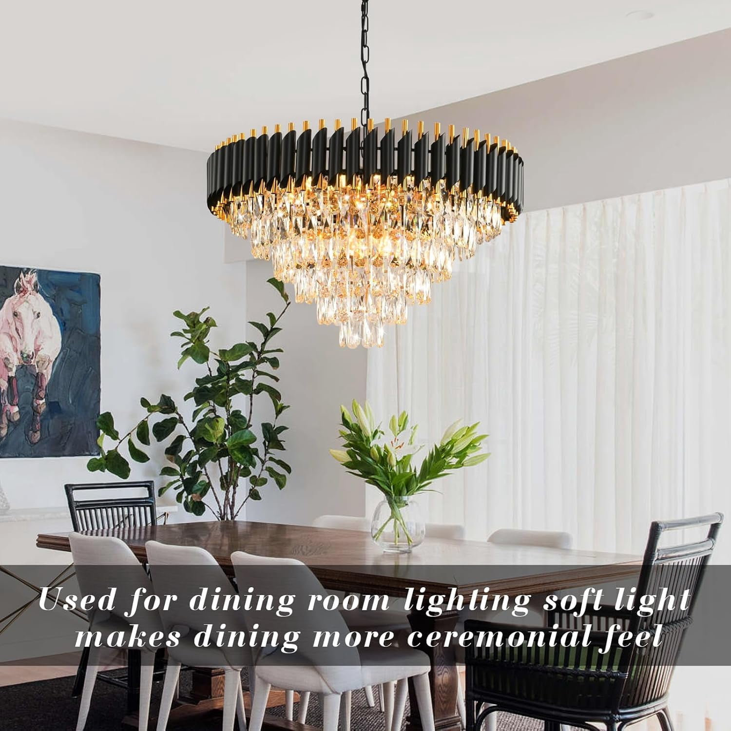 Modern Crystal Chandeliers for Dining Room 15-Light Black and Gold Chandelier Living Room Round 6 Tiers Contemporary Ceiling Hanging Light Pendant Light Fixture for Entryway Foyer Staircase W29”