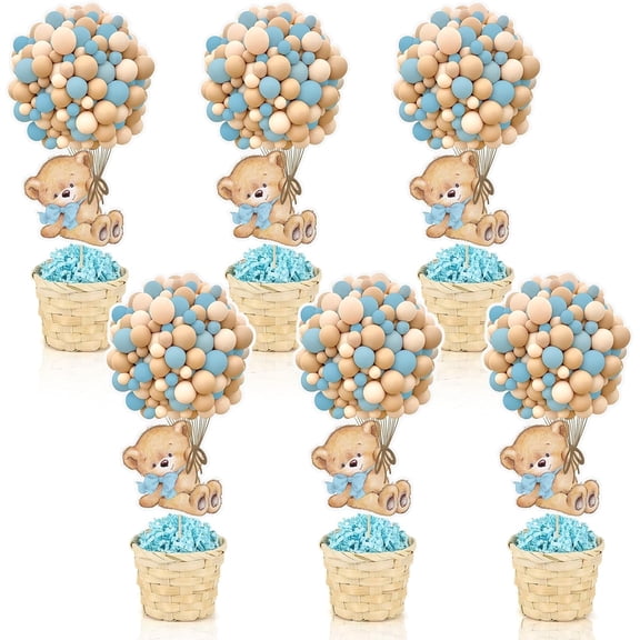 6 Set Blue Baby Shower Table Centerpieces Decortion Hot Air Balloon Cute Babys Bear with Bamboo Basket Lafite Garss Welcome Oh Baby We Can Bearly Wait Boy Or Girl Gender Reveal Party Favor