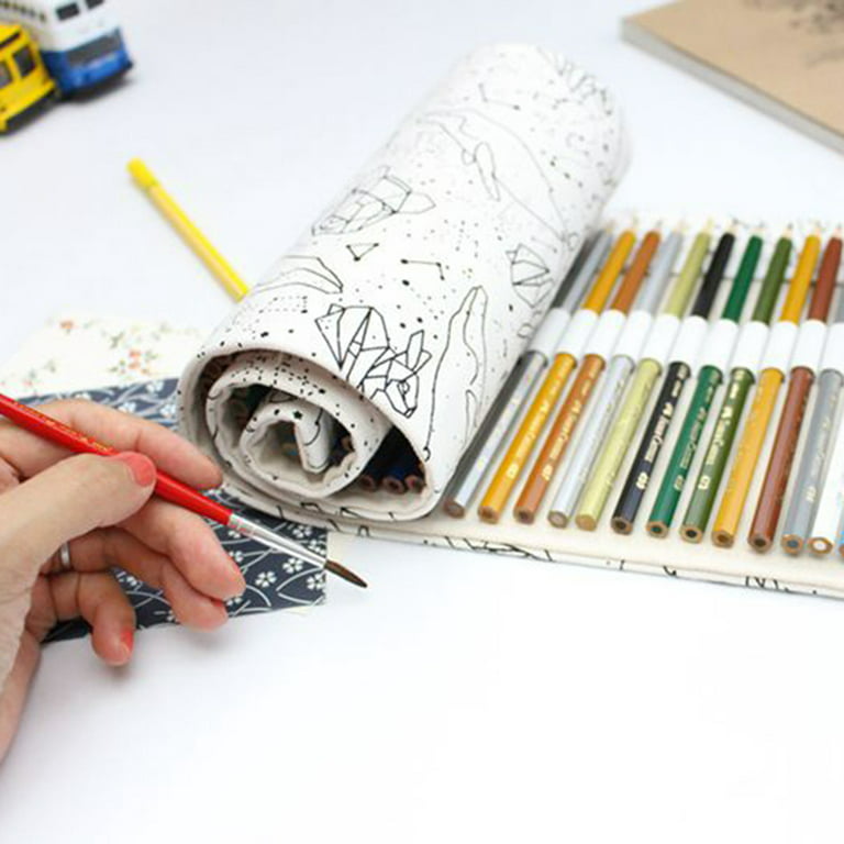 Canvas Leather Sketch Roll up pencil case Brush Pen Box Comestic Storage  Bag Pouch Organizer For 36/48/72 Holes