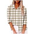 thumbnail image 2 of Blmnix Womens Button Down Shirts Beige Peasant Plaid Women Long Sleeve Tops V-Neck Long Sleeve Shirts, 2 of 5