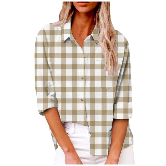 IROINNID Shirt for Women Casual Turndown Collar Plaid Button Down Long Sleeve Fall Spring Blouse,Beige