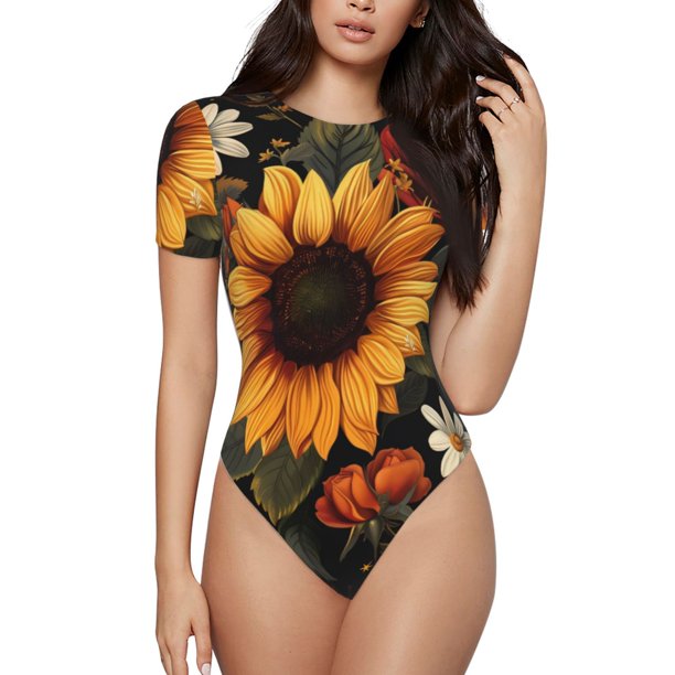 Balery Sunflower Floral Butterfly Body de cuello redondo de manga corta para mujer Tops de manga corta Tops básicos-Medium