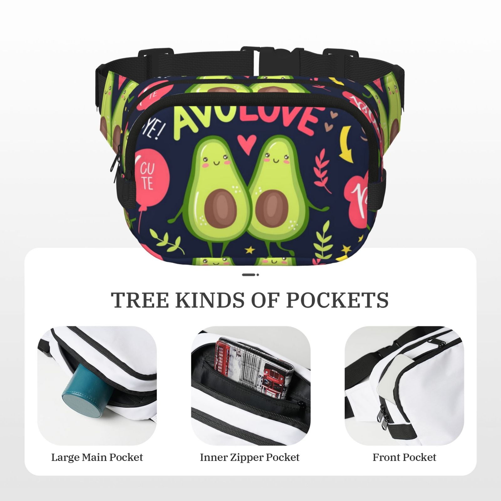 Picia Avocado Love Print Square Double-Layer Waist Bag Mini Adjustable Waist Belt Bag Exercise Running Travel Hiking