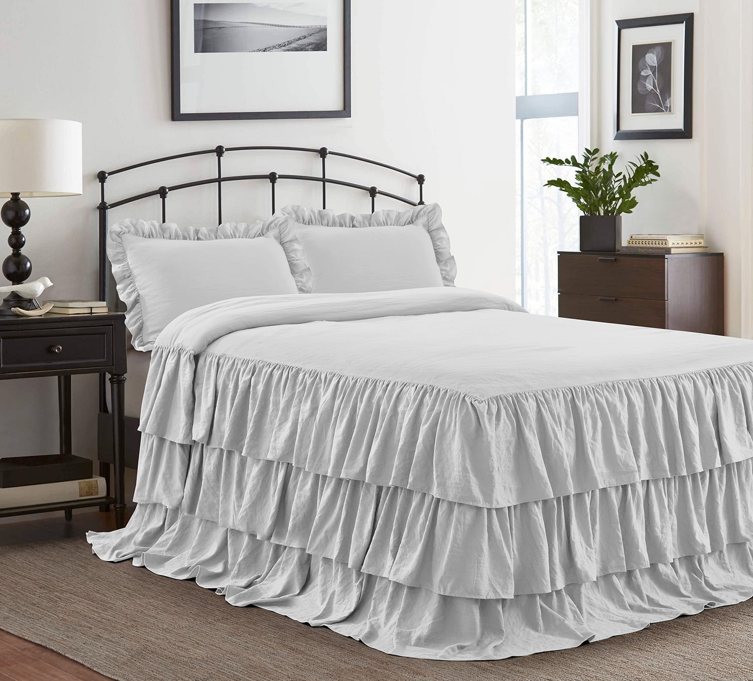HIG 3 Piece Ruffle Skirt Bedspread Set KingLight.Gray Color 30 inches