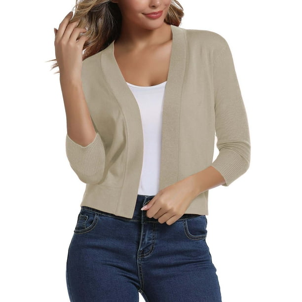 FOLUNSI Women's 3/4 Sleeve Cropped Cardigans Sweaters Jackets Open ...