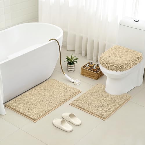 3 Pieces Beige Bathroom Rugs Set, Ultra Soft Non Slip Bath Rug and Absorbent Chenille Bath Mat, Includes U-Shaped Contour Rug, Bath Mat and Toilet Lid Cover, Perfect for Bathroom, Tub