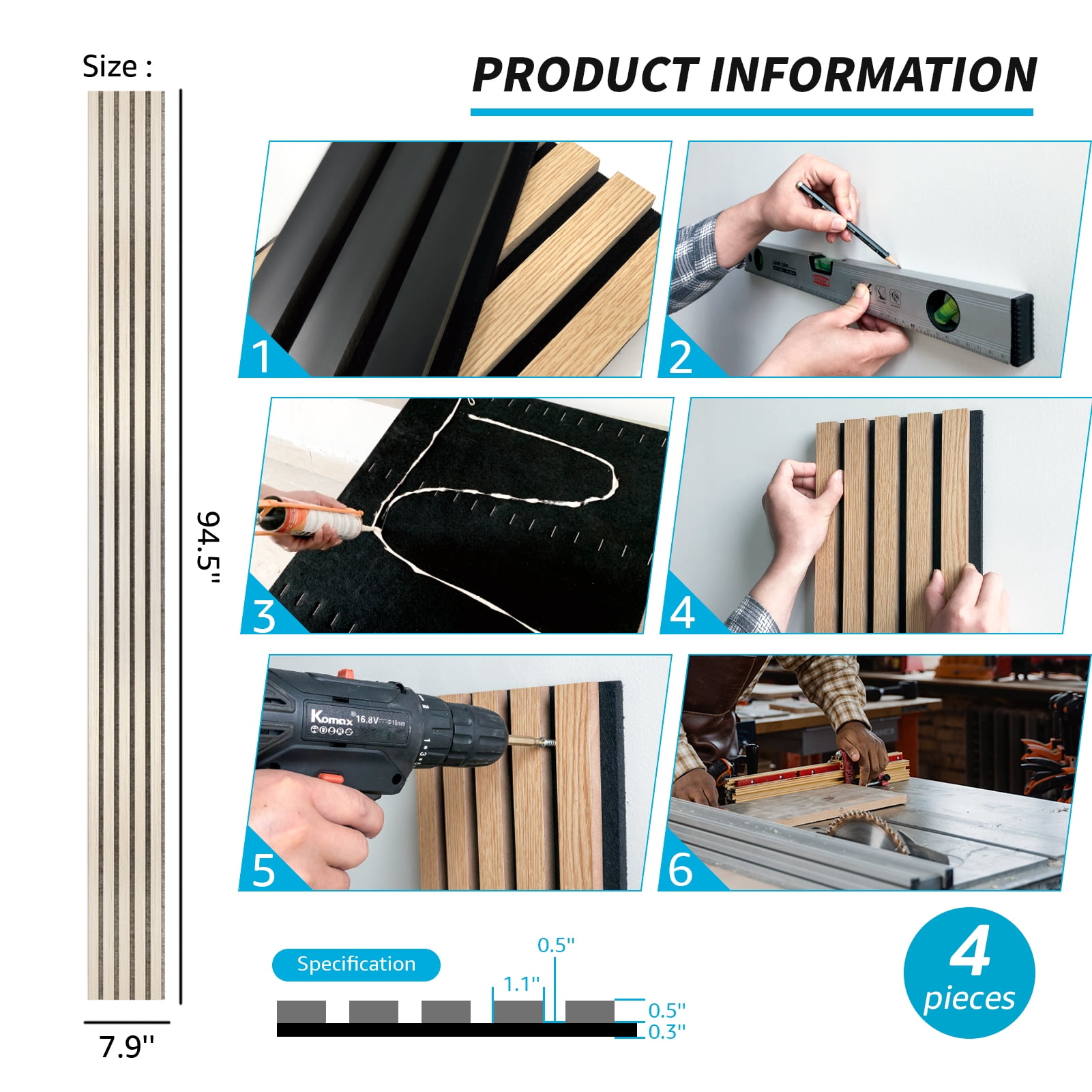 Art3dwallpanel 4Pcs 94.5'' x 7.9'' Wood Slat Acoustic Panels, MDF 3D Wall Panel for Accent Wall Ceiling Office,White Elm