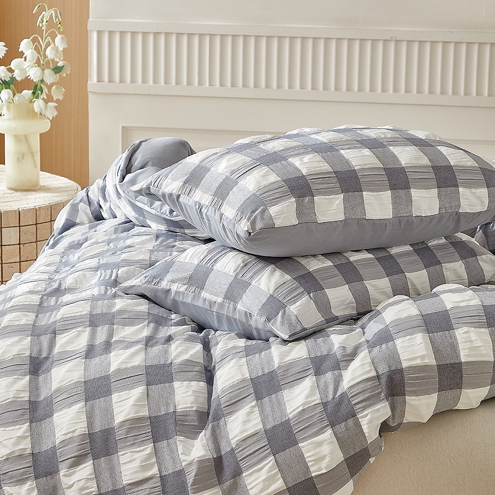 YELEE Grey Queen Size Duvet Cover Bedding Sets Plaid Breathable 3 Pcs Comforter Cover 90"x90" with 2 Comfy Pillowcases