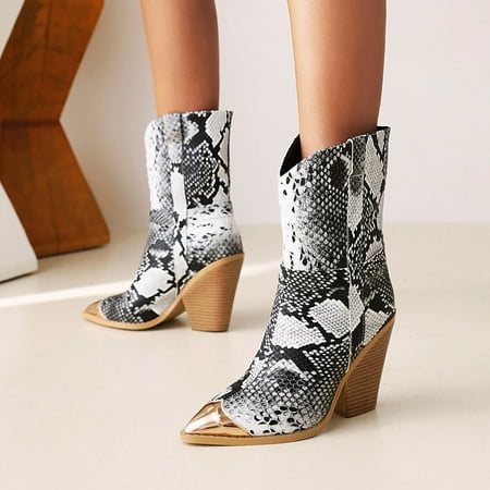 

Hot Sale Clearance Juebong Large Size Snake Print Color Block Pointed High-heel Women s Ankle Boots