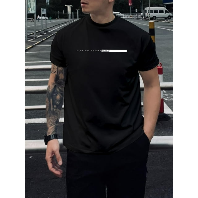 Men'S "FACE THE FUTURE" Graphic Tee - Casual Crew Neck, Short Sleeve, Slight Stretch, Summer T-Shirt in Black with White Stripes Design, Casual Sporty Tee, Summer Gifts