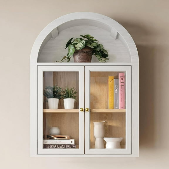 Arched Wall Mounted Display Medicine Cabinets with Tempered Glass Doors and Adjustable Shelf for Bath or Living Room,in White