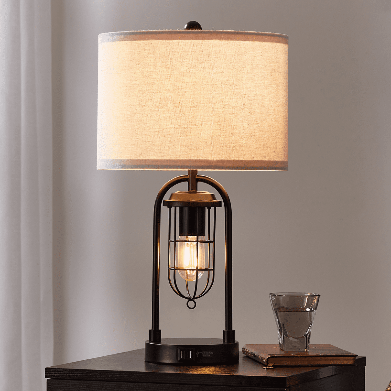 KYRID 21'' Table Lamps Set of 2 with USB Port and Night Light, Modern Farmhouse Bedside Table Lamp with White Drum Shade, Painted Bronze Finish (Bulbs Included)