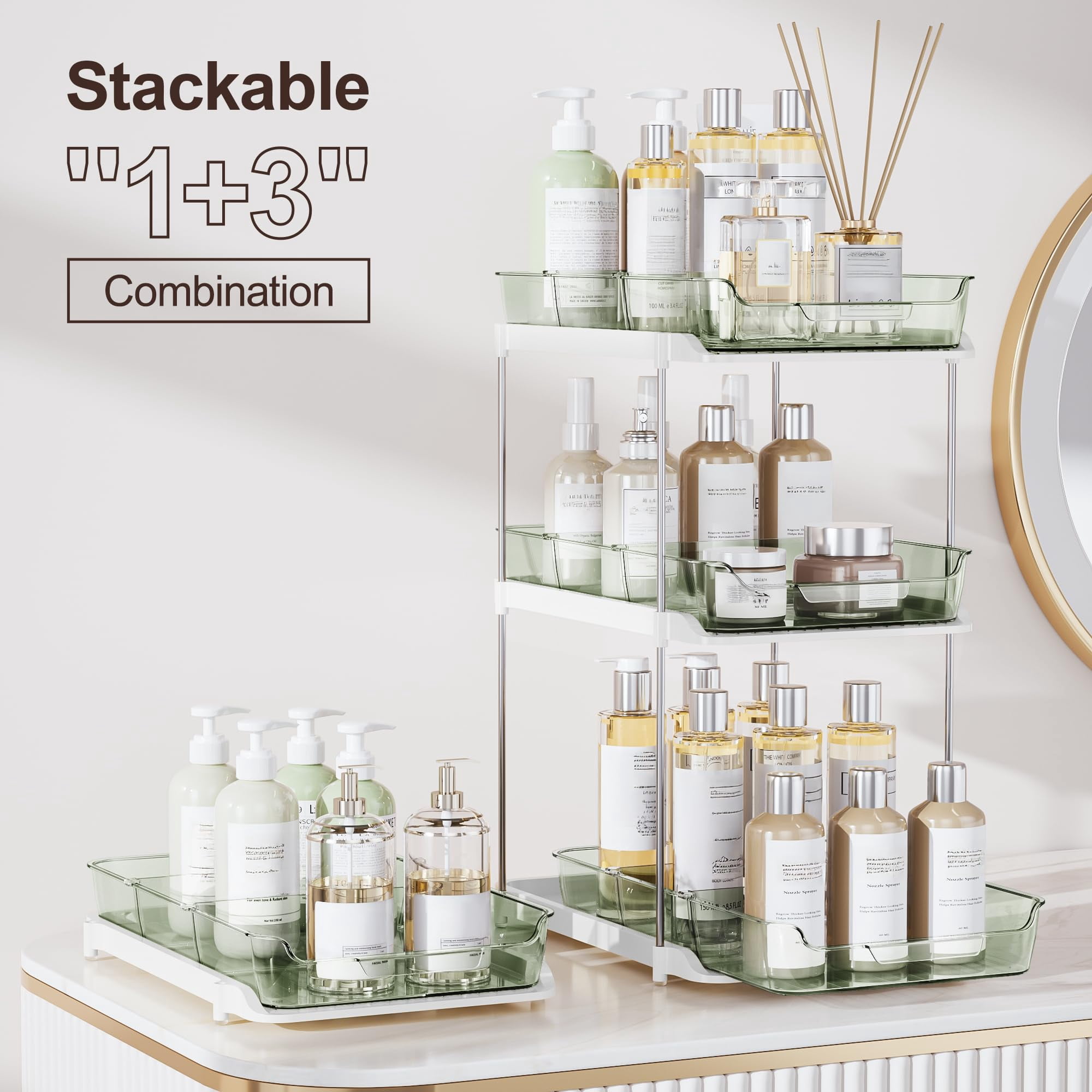 2-tier Multi-purpose Bathroom Under Sink Organizers And Storage  Stackable Kitchen Pantry Organization Pull Out Cabinet Organizer With Movable Dividers Light Green 2 Pack