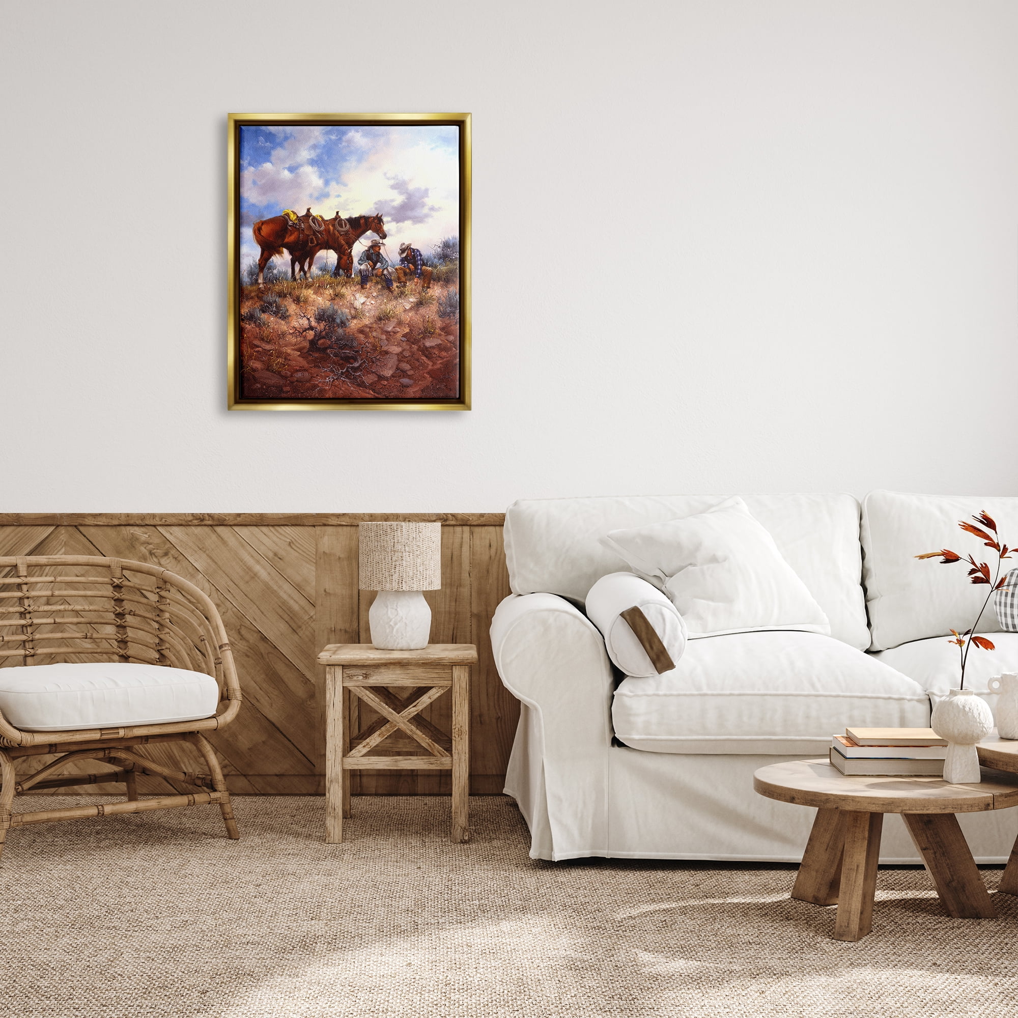 Stupell Industries Cowboys & Horses Landscape Animals & Insects Painting Gold Floater Framed Art Print Wall Art, 25 x 31