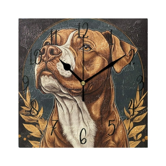 WOBOGO Brown Pit Bull Illustration Wall Clock 7.78 Inch Battery Operated Silent Unit Square Rustic Vintage Style for Home Bedroom Office Black Pointer