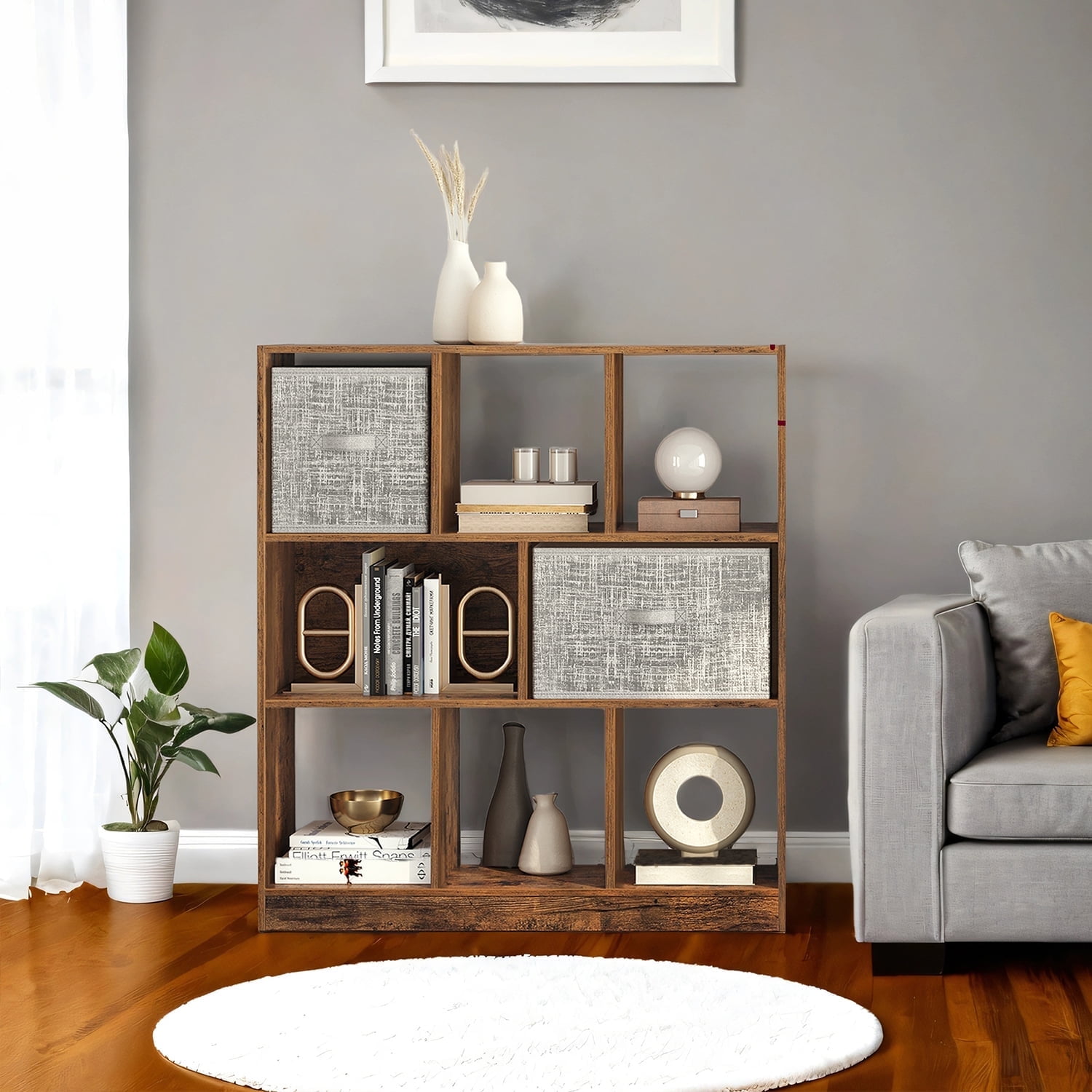 LEDREM 8-Tier Adjustable Cube Bookcase, Cube Storage Organizer Shelf, 33lb Capacity per Tier, Easy Assembly, for Home, Office, Rustic Brown