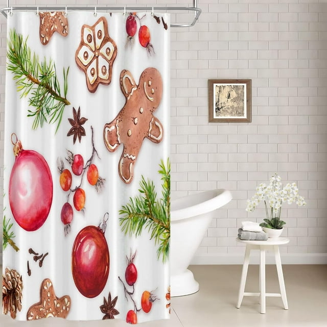 Light Brown Christmas Gingerbread Tree Decor Shower Curtain,Green Pine Branches Bathroom Decor Polyester Fiber Plastic Rings Quick-Drying Waterproof for Bathtubs/Bathroom, 72x36 inches