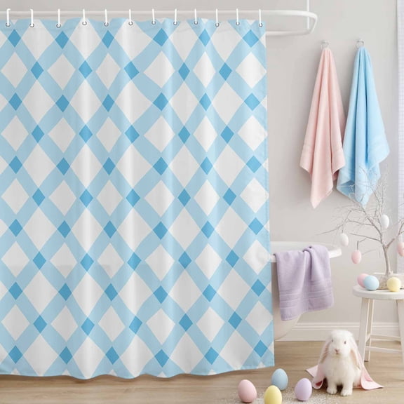 Easter Shower Curtain Blue Checked Plaid Shower Curtains for Bathroom Decor, Waterproof Polyester Shower Curtain Set with Hooks, Extra Long 72" x 78" Stripe