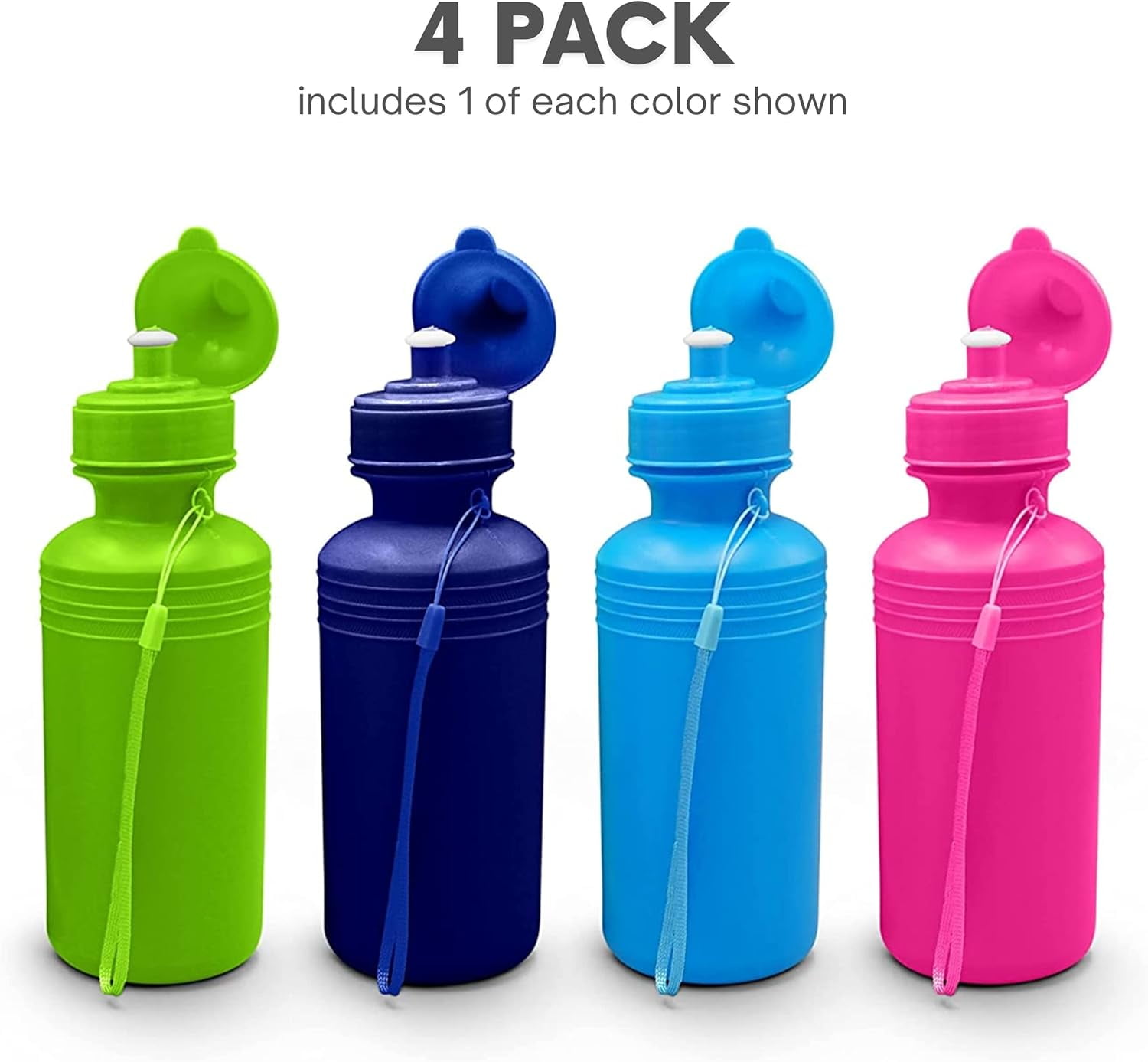 4E's Novelty 4 Pack Kids Water Bottles 18oz – BPA-Free, Reusable Plastic Bottles with Strap