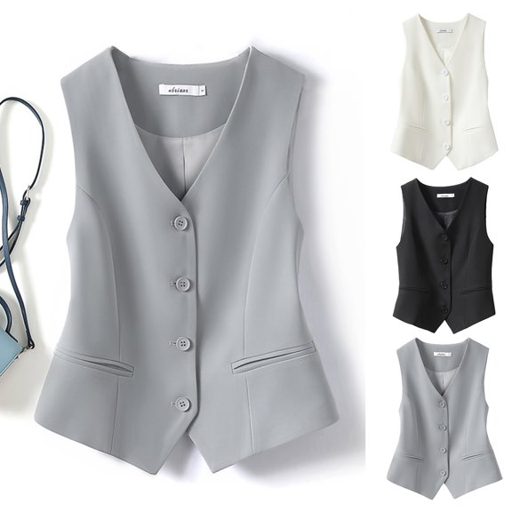 Xioeram Women Formal Vest V Neck Single-breasted Sleeveless Cardigan Solid Color Loose OL Commute Office Wear Waistcoat Lady Coat