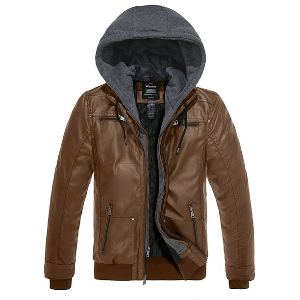 Wantdo Men's Faux Leather Coat with Hood Winter Motorcycle Jacket Brown ...
