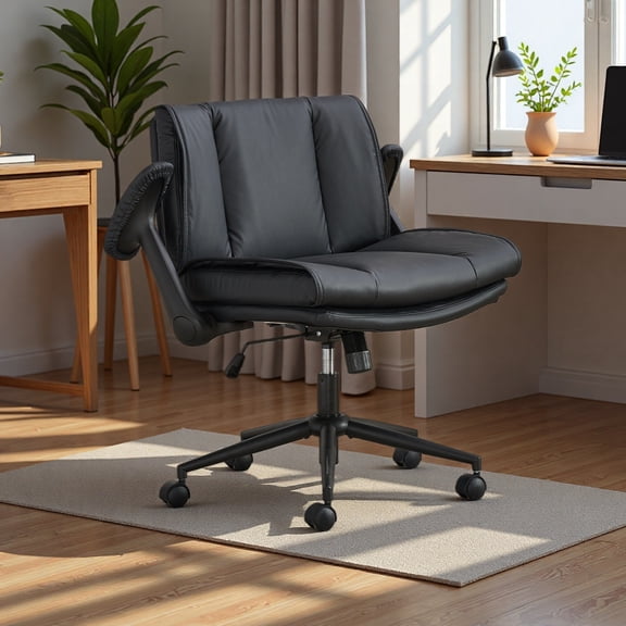 15-Min Assembly Black Cross Legged Chair - Flip-Up Armrests, 300LBS, Multi-Scene for Office, Vanity & Apartment