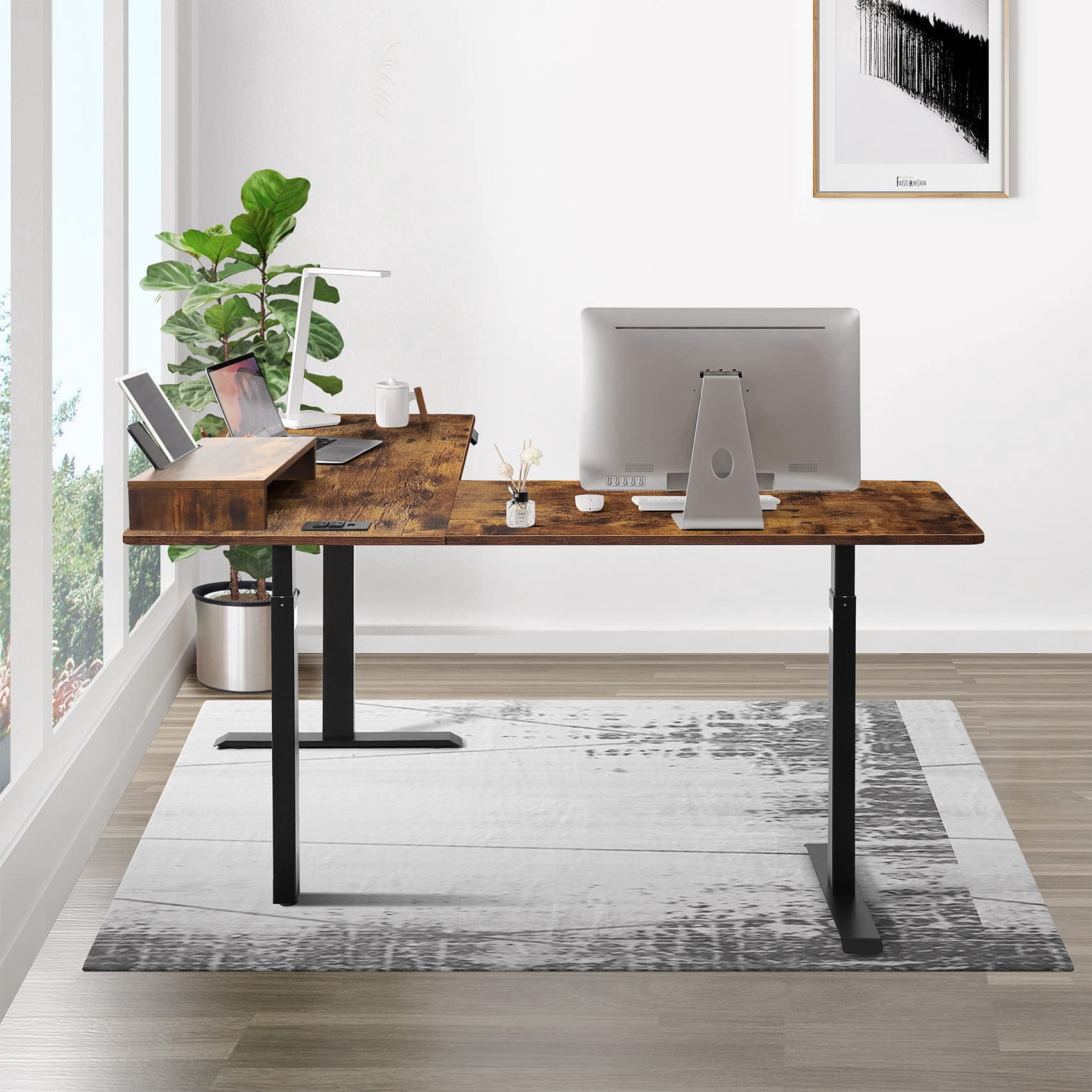 UNICOO® L-Shaped Triple Motor Electric Height Adjustable Standing Desk for Gaming & Home Office, Easy Touch Control & Solid Steel Construction (Rustic Brown Top/Black Frame-XOT-L3E-RB)