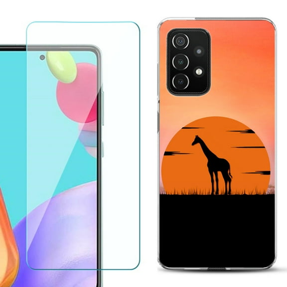 Slim-Fit Flexible Gel TPU Phone Case compatible with Samsung Galaxy A52 5G, with Tempered Glass Screen Protector, by OneToughShield ® - Sunset Giraffe