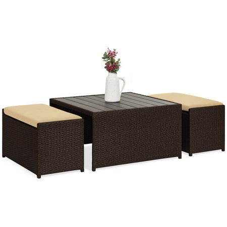 Best Choice Products 3-Piece Outdoor Modern Wicker Coffee Table Conversation Furniture Set for Patio, Porch w/ Wood Tabletop, 2 Ottoman Benches, Cushioned Seating,