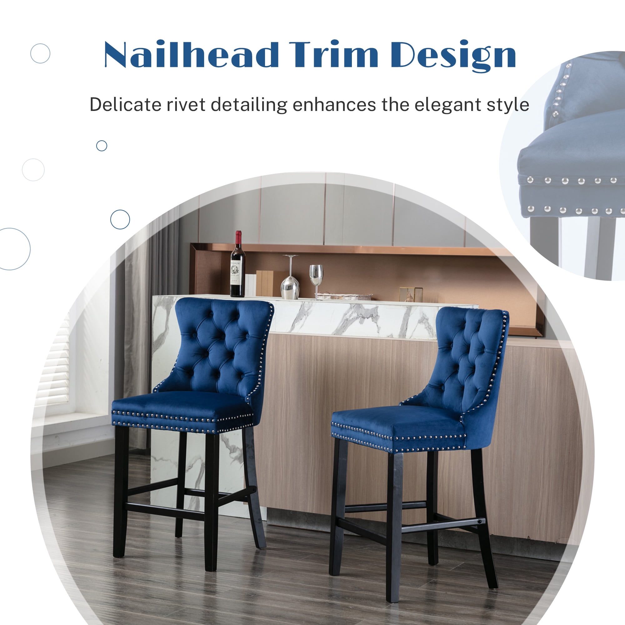 Paproos Upholstered Bar Stools Set of 2, Velvet Barstools with Wood Legs and Tufted, Modern Leisure Counter Height Bar Chairs with Chrome Nailhead Trim for Home Pub and Kitchen Island, Blue