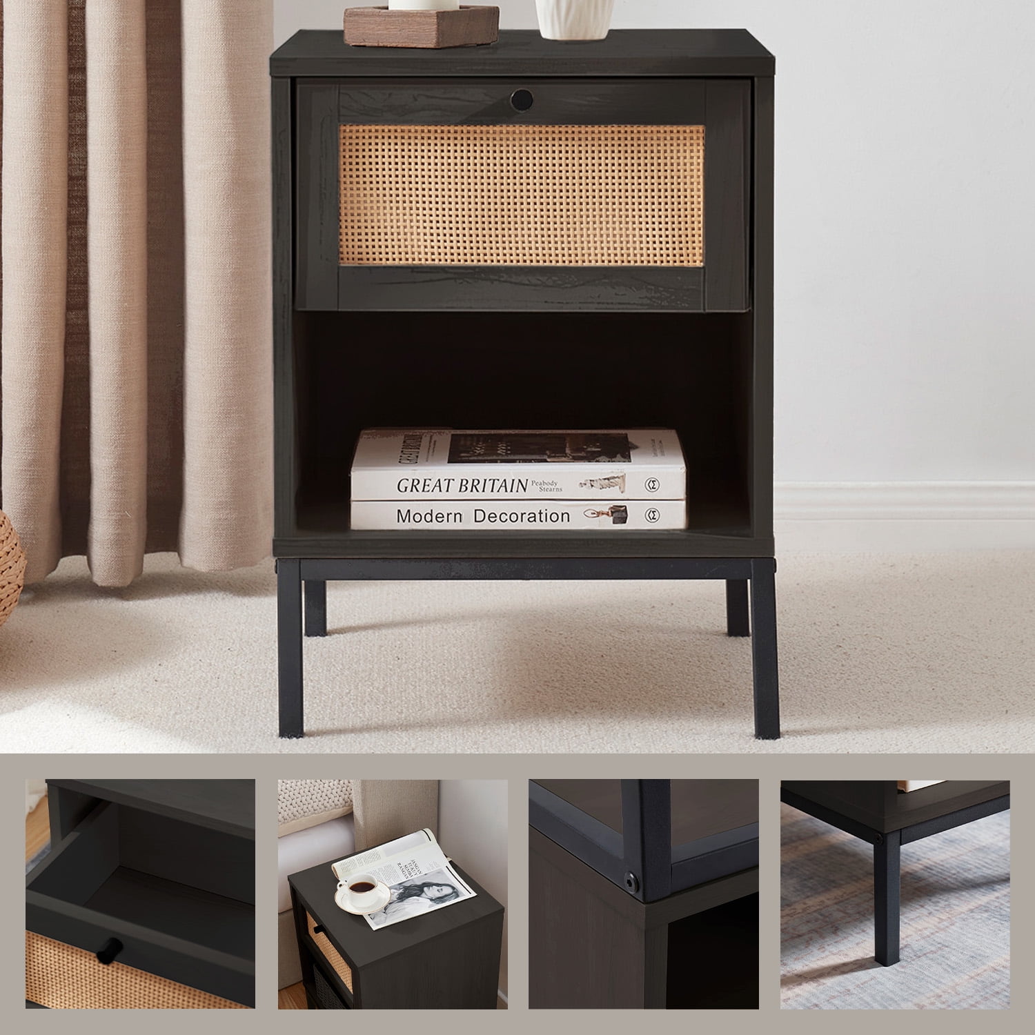 Virtu Nightstand Set of 2, Side Table with 1 Drawer, End Table for Living Room or Bedroom, Black