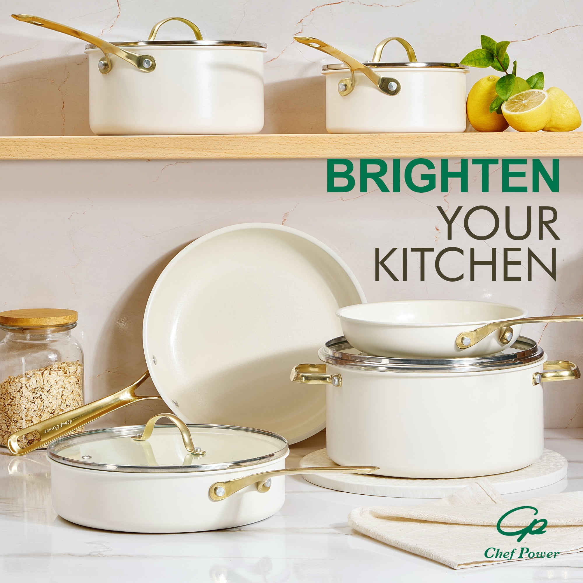 Chef Power 10 Pcs Ceramic Non Stick Cookware Sets, Pots and Pans Set with Stainless Steel Handle, Dishwasher and Oven Safe, Cream White with Light Gold Handle