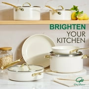 Chef Power 10 Pcs Ceramic Non Stick Cookware Sets, Pots and Pans Set with Stainless Steel Handle, Dishwasher and Oven Safe, Cream White with Light Gold Handle