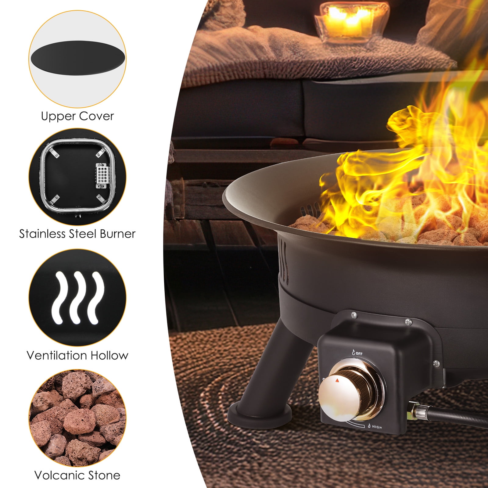 LAZY BUDDY 24" Portable Fire Pits for Outside 58000 BTU Propane Gas Fire Pit with Cover & Lava Rocks