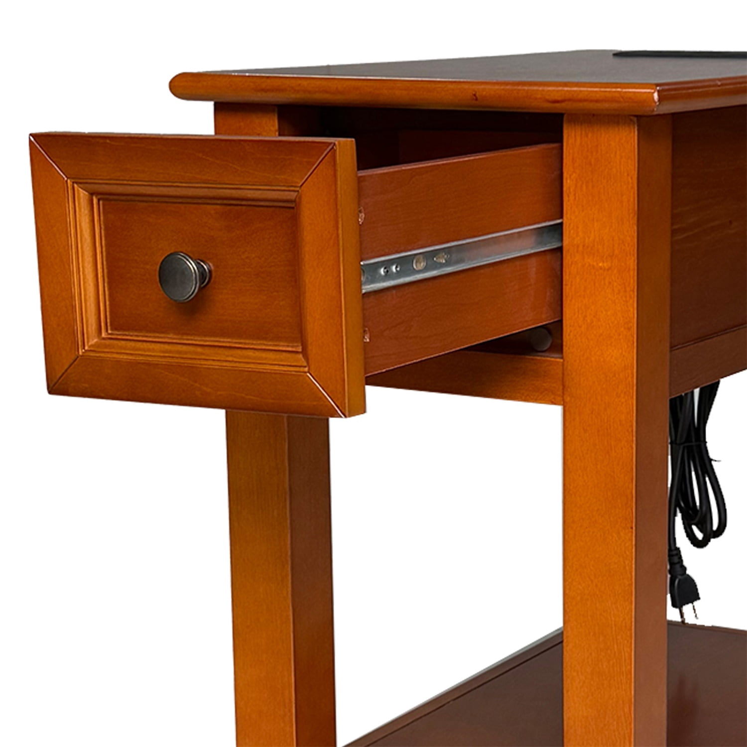 Hommoo Mission Style End Table with Built-in Charging Station, Wood Veneer Side Table with Drawer & Shelf for Living Room, Bedroom, or Small Spaces, Walnut