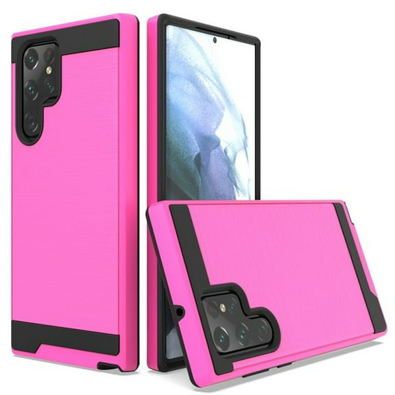 Brushed Textured Hybrid Armor Case for Samsung Galaxy S22 Ultra 5G - Hot Pink