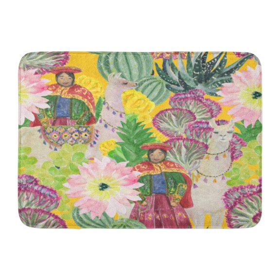 SIDONKU Mexico Watercolor Painting Llamas Woman from Peru and Cacti Alpaca America Doormat Floor Rug Bath Mat 23.6x15.7 inch