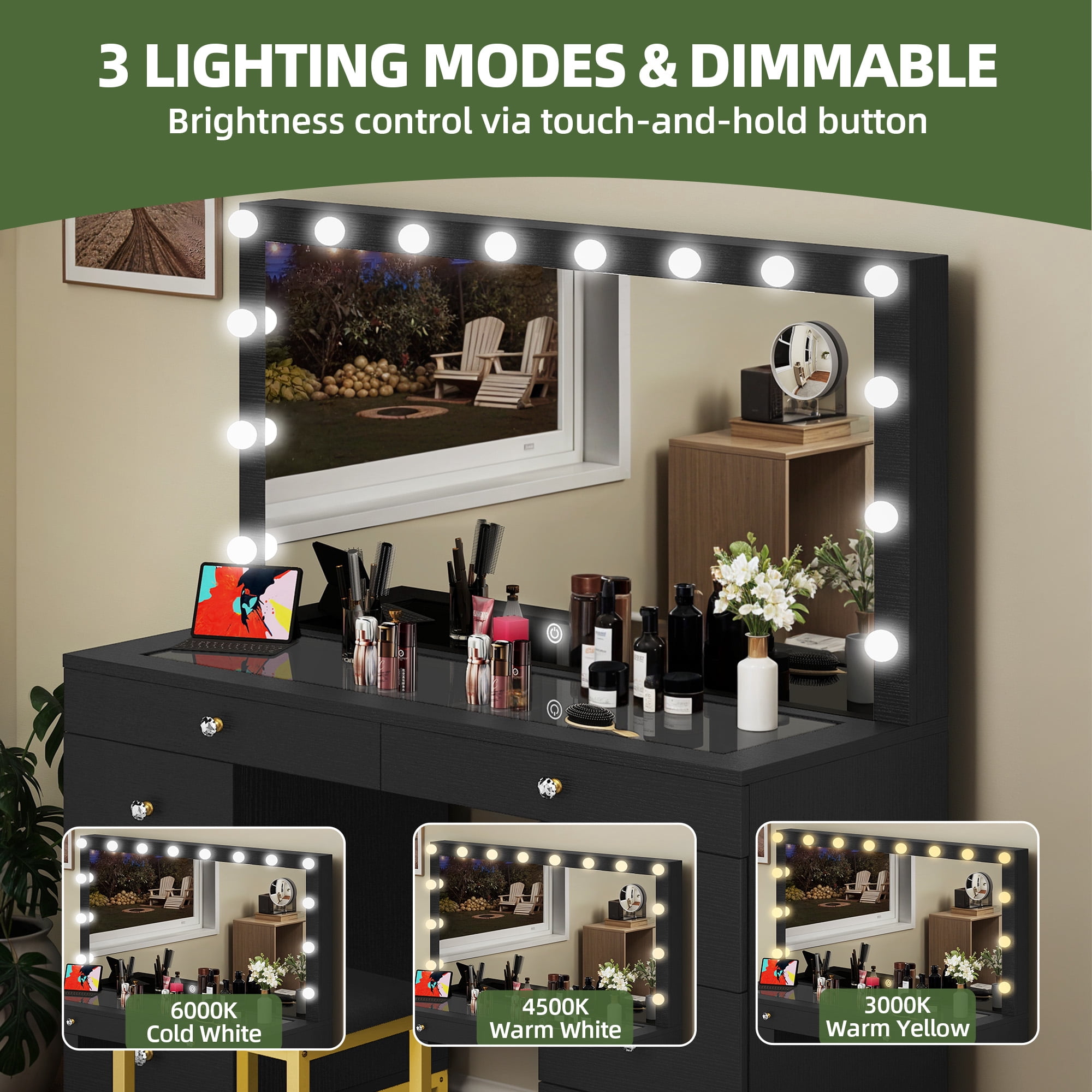Uforic Makeup Vanity Desk with Glass Top, Lights (14 LED Bulbs), Charging Station,Makeup Dressing Table Set with Stool & 8 Drawers - Black